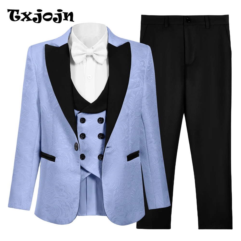 Jacquard 4-Piece Suit Set for Boys 3-18 Years, Slim Fitting Formal Tuxedo For Kids Wedding Guest Jacket, Vest, Pants Bow-tie