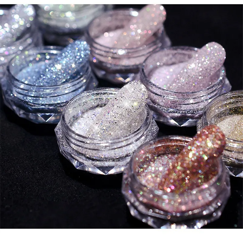 8 cores cristal esmagado diamante arte do prego em pó brilhante reflexivo micro broca cromo pigmento holográfico manicure glitter poeira