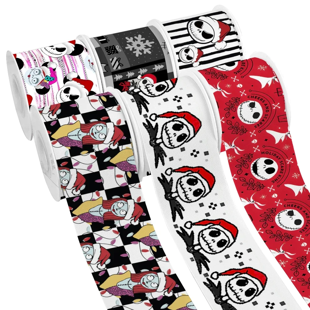 

50 Yards Christmas Theme Disney Cartoon The Nightmare Before Christmas Printed Grosgrain Satin Ribbon for Gift Wrapping Hair Bow