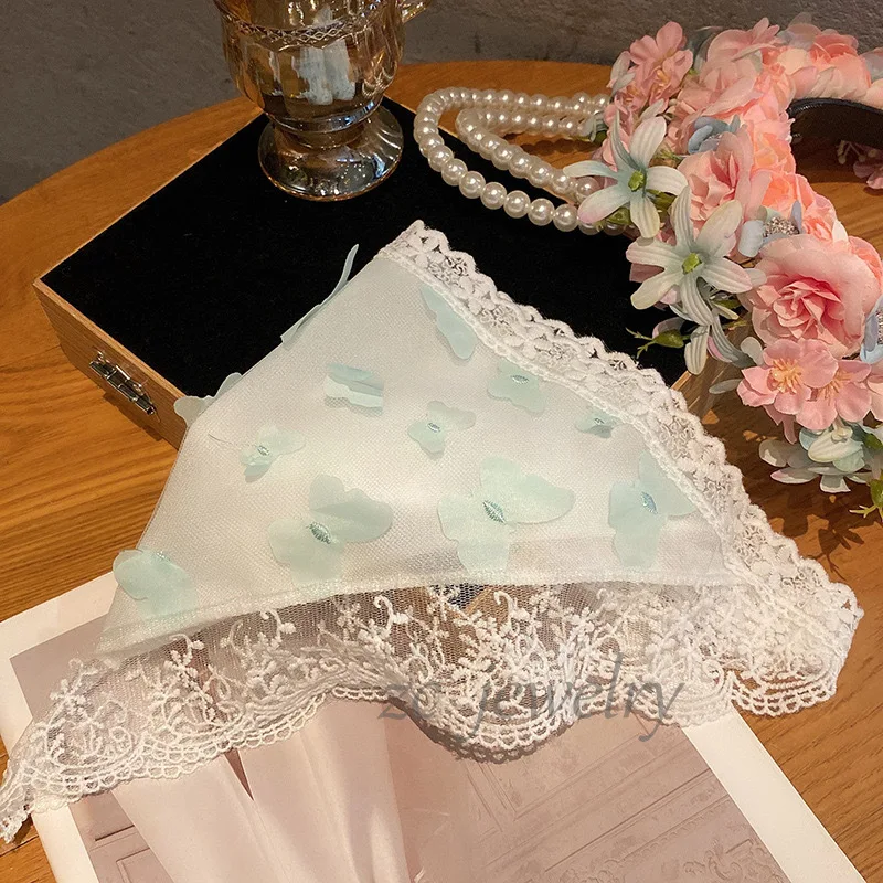 Lace Flower Elegant Temperament Female Butterfly White Sweet Triangle Scarf Thin Breathable Ribbon Artistic Style Travel Photo