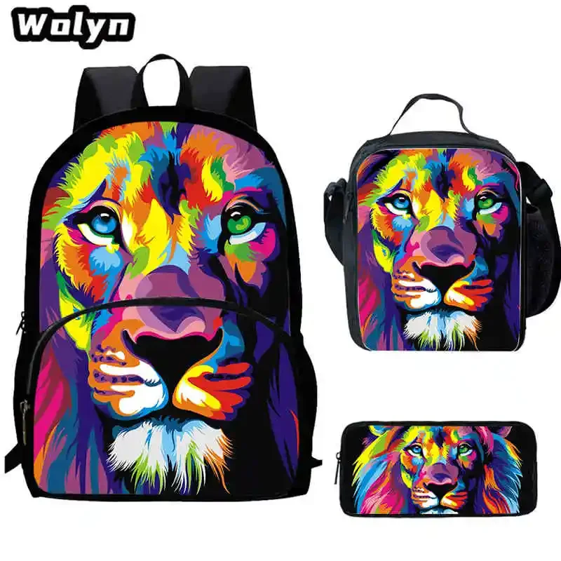 3Pcs Set Cartoon Lion School Backpack,Lunch Bags,Pencil Bags Anime School Bags for Boys Girls Suitable for 4-8 Years Old