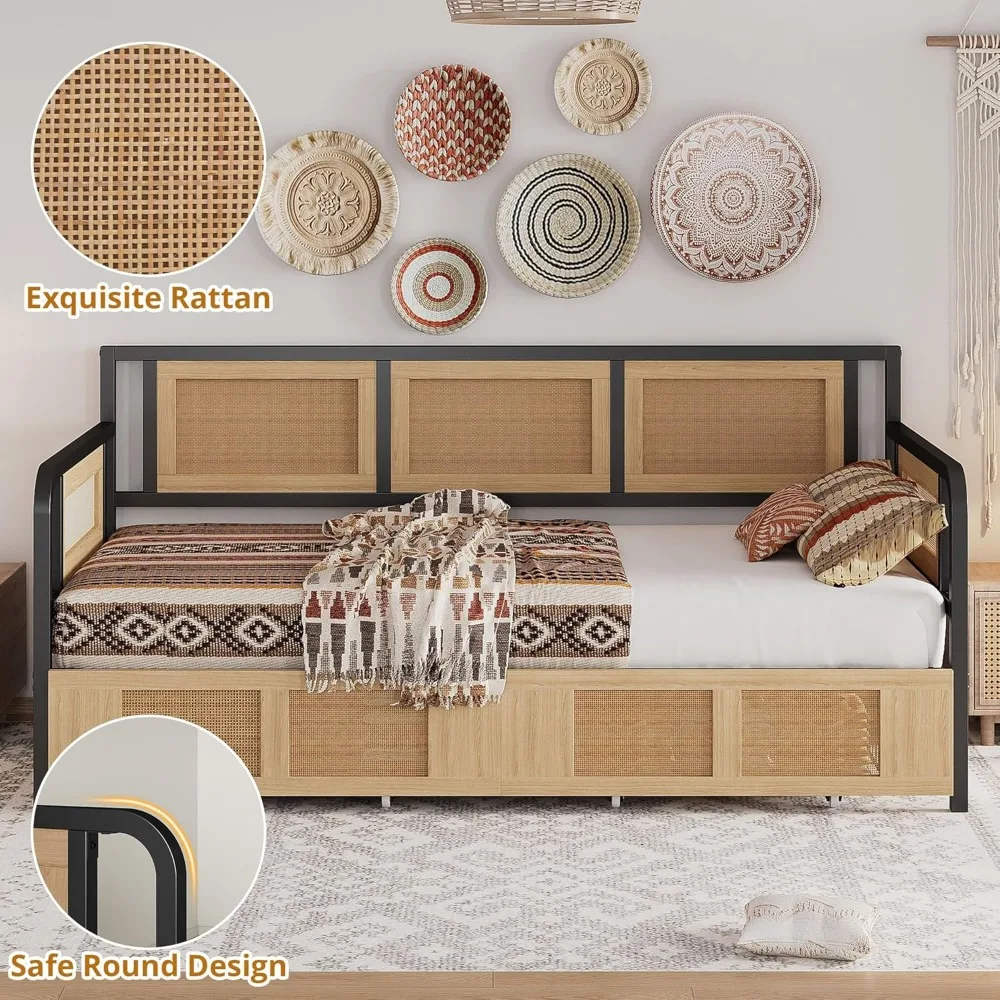 Twin Daybed, Day Bed Frame with Storage Drawers, Rattan Boho Corner Bed Frames with Strong Supports, Sofa DayBed for Living
