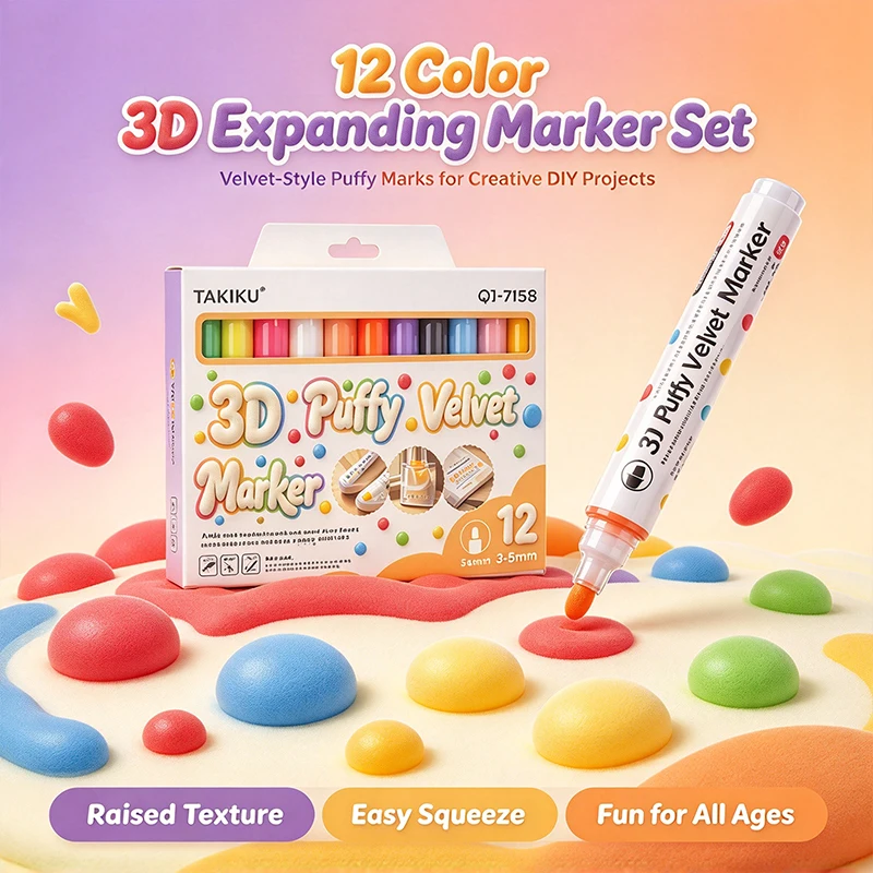 8/12 Color Fabric 3D Marker Pens, 3D Fluffy Velvet Markers 3-5mm, 3D Bubble Pens That Become Fluffy When Heated, Used for Creating Raised Marks on Canvas, Fabric, and Textiles