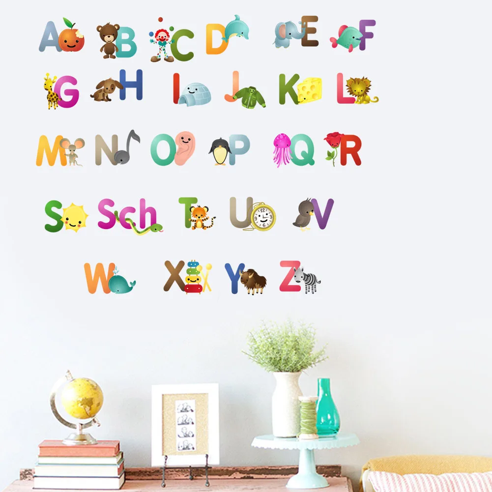 Cartoon creative 26 English alphabet English word animal wall stickers children\'s room kindergarten early education decoration