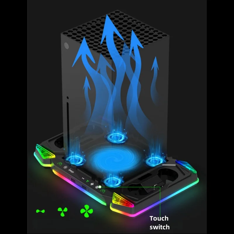 وحدة تحكم ألعاب Xbox Series X، قاعدة مروحة تبريد متعددة الوظائف مع مقبض مزدوج الشحن RGB وخطاف تخزين القرص الخفيف