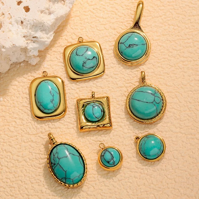 Oval Natural Stone Blue Turquoise 18K Stainless Steel Pendant Necklace DIY Vacuum Plated Jewelry Accessory