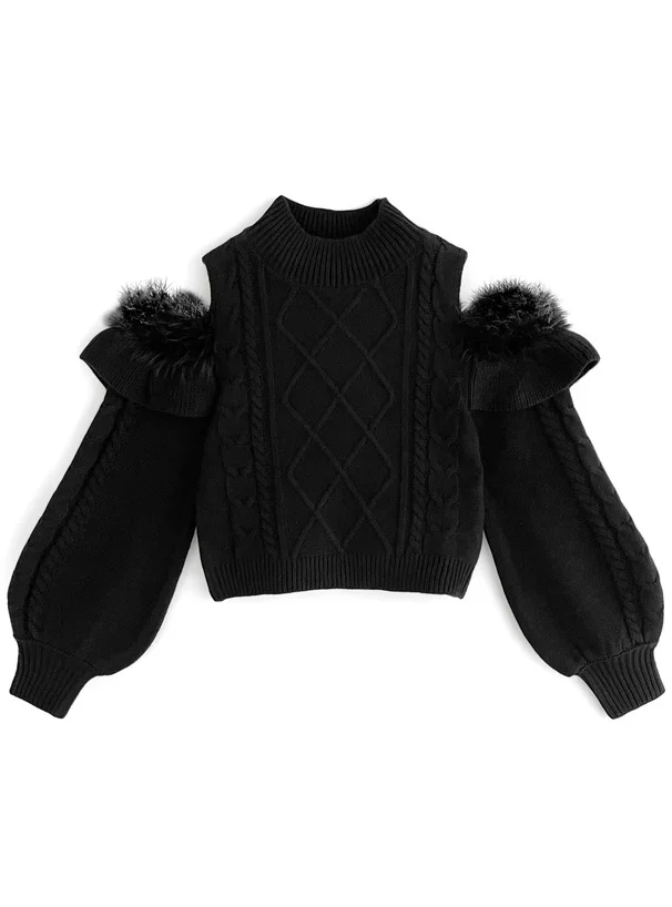 اليابانية الحلو أنيقة الياقة المدورة أفخم كشكش الربط خارج الكتف كم طويل عادية منقوشة محبوك القمم سترة المرأة الشتاء