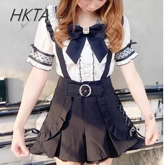 

Japanese Soft Girl Sweet and Cute Bow Lace Doll Collar Chiffon Short-sleeve Shirts Lolita Black White Bottoming Shirt Liz Blouse