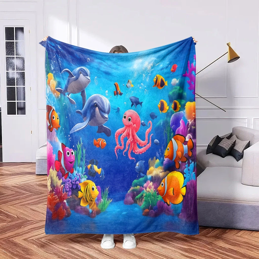 A 2D Underwater World Flannel Blanket Featuring Fish, Octopus, and Dolphin Themed Patterns, with Soft High-definition Digital Pr