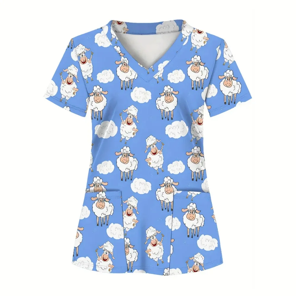 Women's Scrub Cute Dinosaur Print Fashion Animal Cartoon Vet V-Neck Short Sleeve Nurse Tops Casual Dental Clinical Uniform Woman