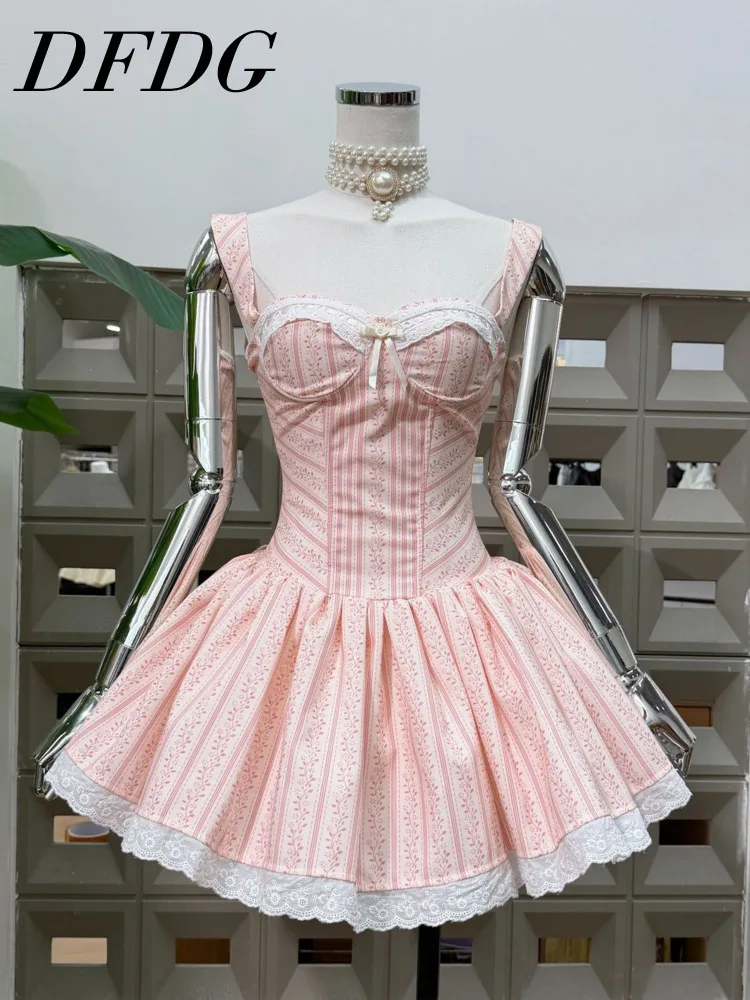 

DFDG Women 2026 Spring Spaghetti Strap Mini Dress Striped Print Lace Trim Boned Corset Bodice Flared Ruffle Hem Cute Party Dress