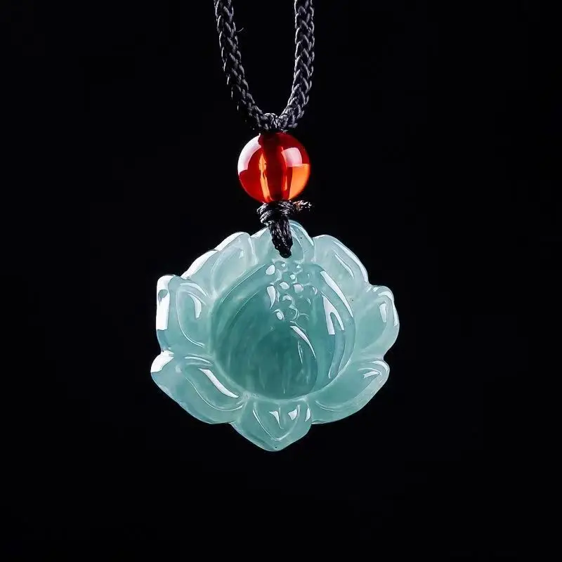 

High-quality Natural Jade Blue Water Lotus Pendant S925 Silver Inlaid Ice Jadeite Pendant Girlfriend Simple Personalized Gift