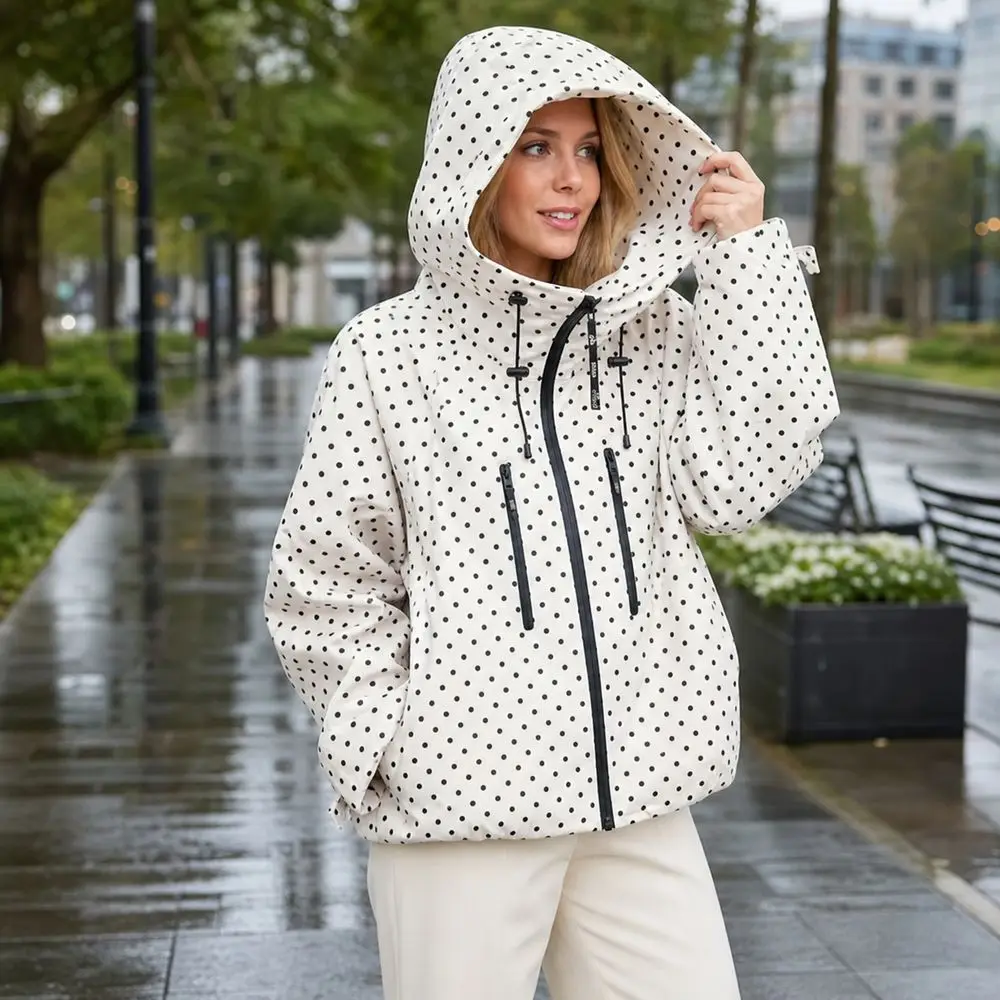 Polka Dot Hooded Windbreaker Jacket Wind Resistant Water Resistant Lightweight Raincoat Adjustable Drawstring Loose Fit