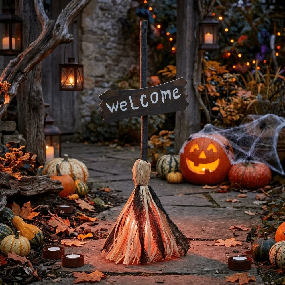 Voice-activated Halloween Witch Broom LED Light Glowing Halloween Electric Broom Movable Battery-powered Magical Dancing Broom