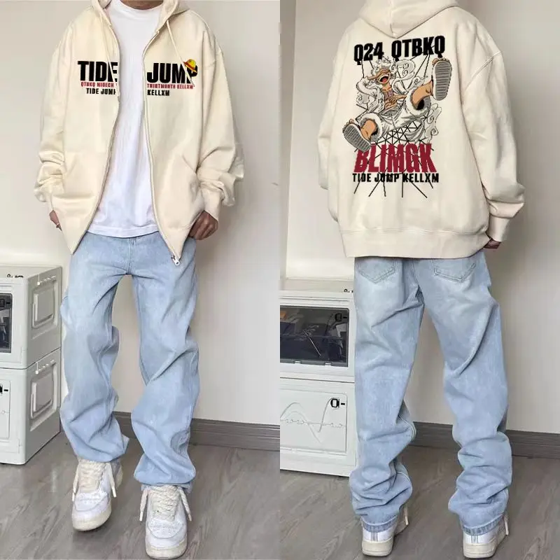 Bandai One Piece Nicca Ruffy Five Anime Print Herbst und Winter Neuer Herren- und Damen-Reißverschluss, große Größe, lockerer Thermo-Hoodie