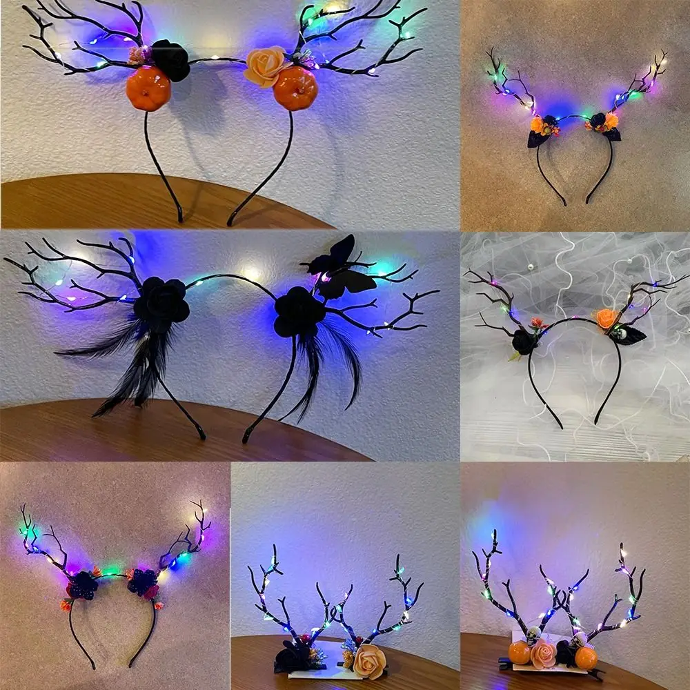 Lindas orejas de alce para Halloween, aro para el pelo con astas brillantes, diadema con orejas de ciervo y Hada de calabaza LED, diadema con calavera, accesorios para la cabeza para niños