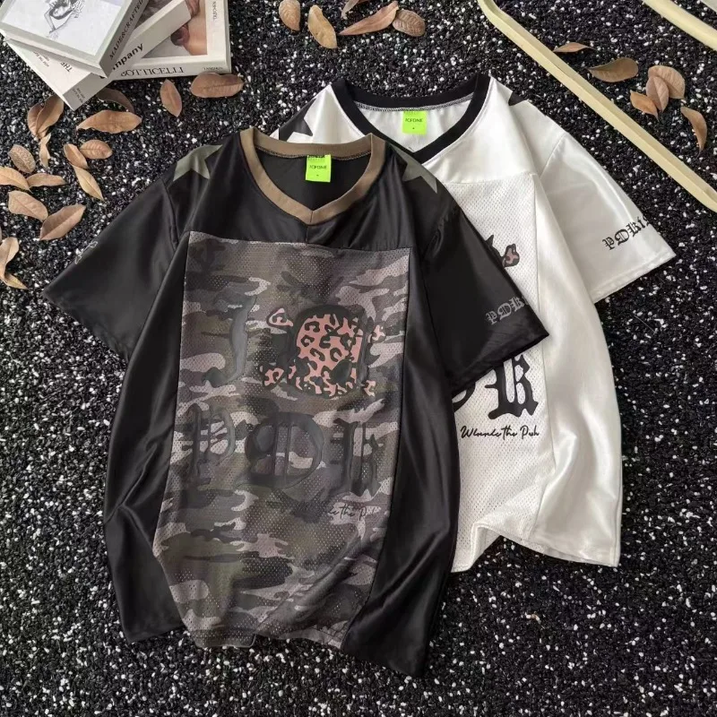 

American fashion high street camouflage patchwork mesh men T-shirt Goth Harajuku trendy casual short-sleeved sporty loose shirt