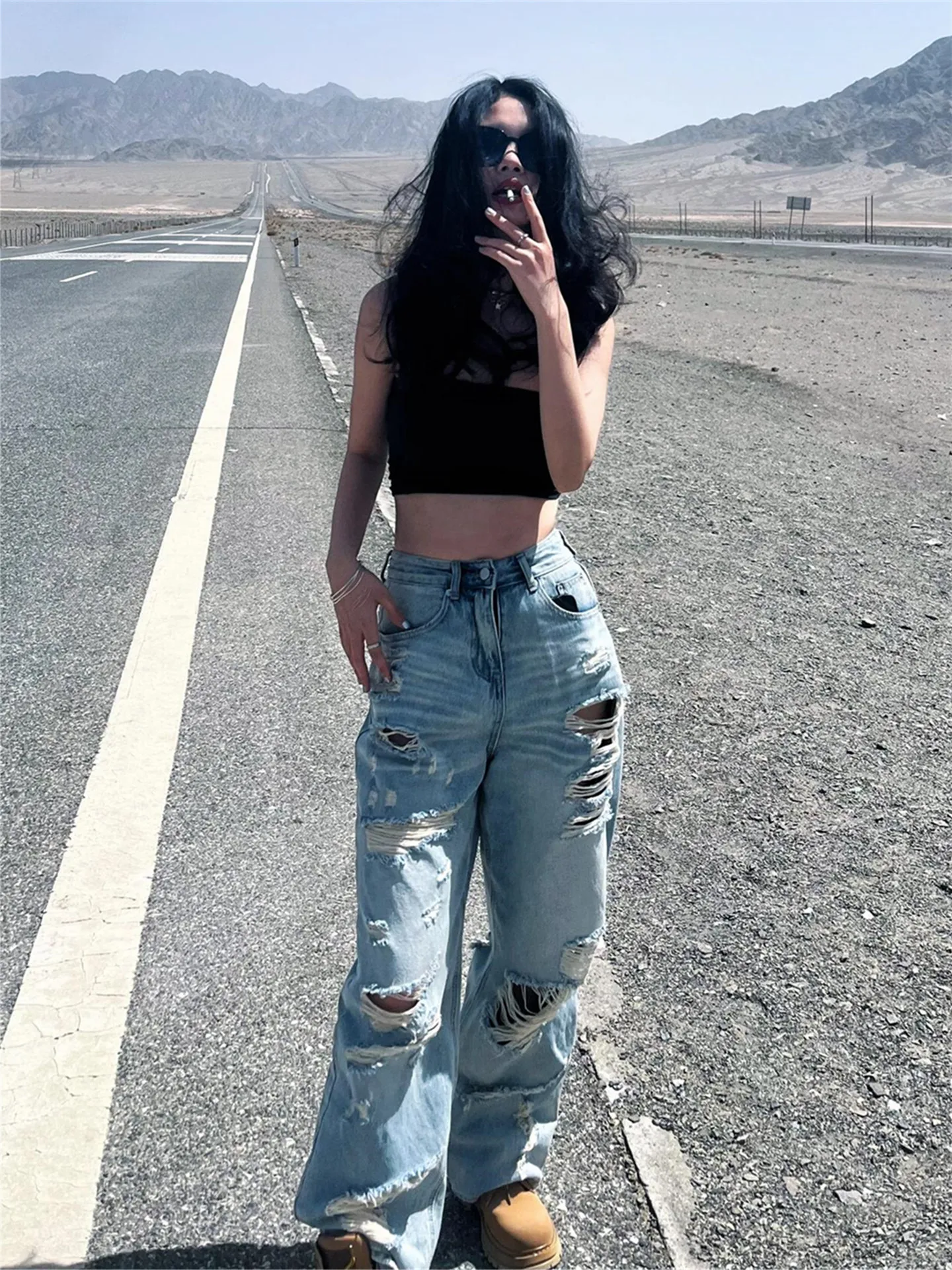 American Vintage Street Style Women's Summer Thin Loose Slim Wide Leg Jeans High Waist Straight Tube Denim Pants with Hole