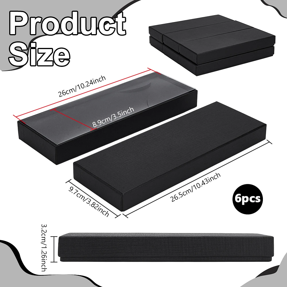 6Pcs Gift Wrap Tie Boxes 10.43x3.82x1.26inch Black Rectangle Paper Cardboard Tie Storage Boxes with Lids Men Women Sock Gifts