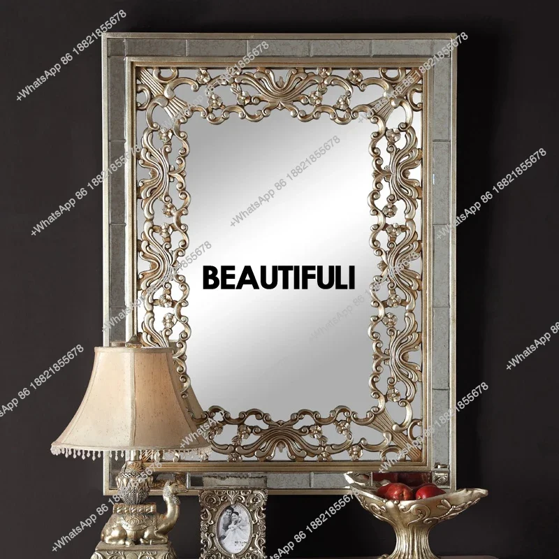 European-style foyer entrance fireplace mirror wall hanging decorative mirror  background wall antique silver flower mirror