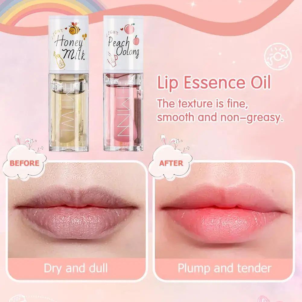 Gloss labial kawaii coreano, mel, pêssego, óleo, duradouro, não-pegajoso, hidrata, vitamina E, matiz, lip plumper, soro de cuidado