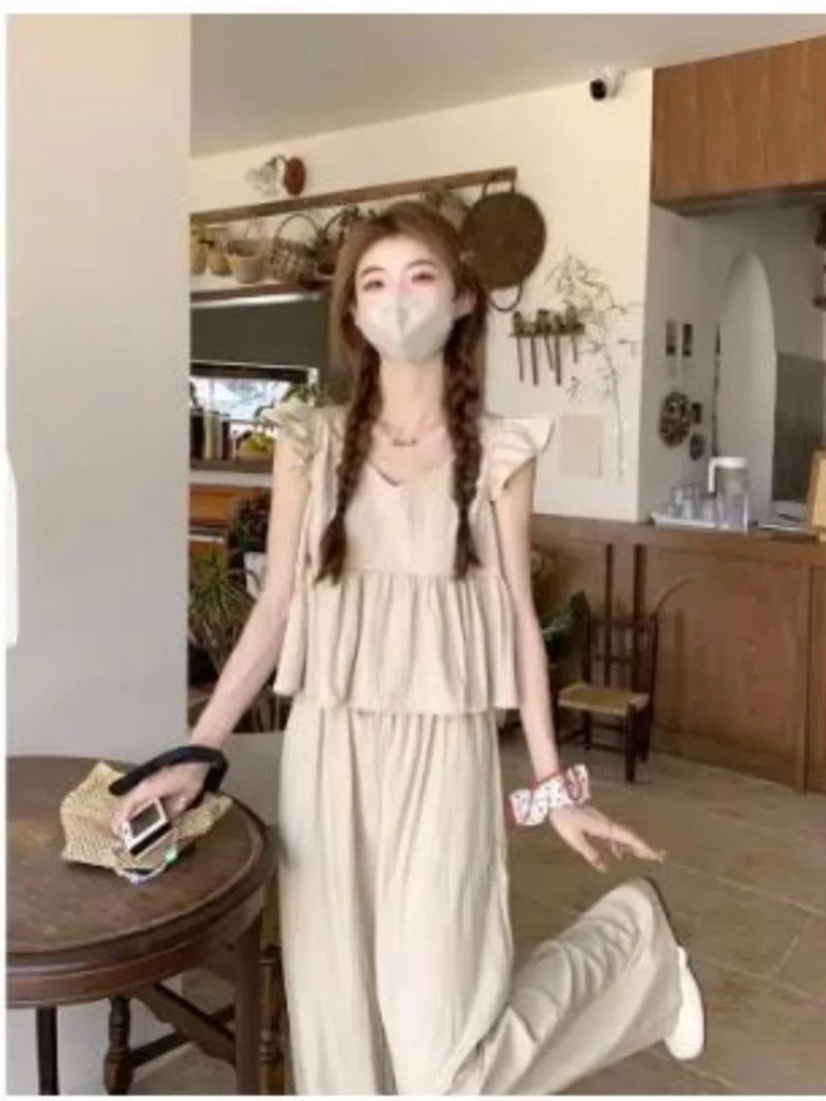 

Salt Series Casual High Waist Short Sleeve Women's Fashion Set Summer New Style Wide Leg Pants V-Neck Polyester Fiber