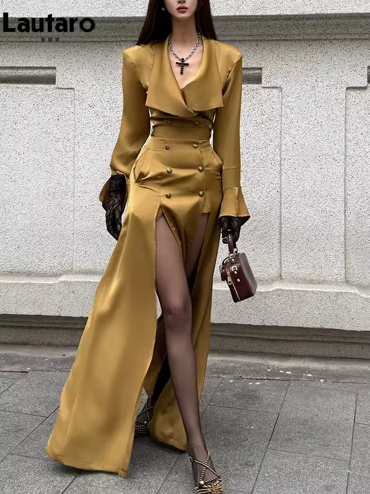 Lautaro Spring Autumn Extra Long Fitted Trench Coat for Women with Slit Double Breasted Elegant Luxury Designer Clothing 2026