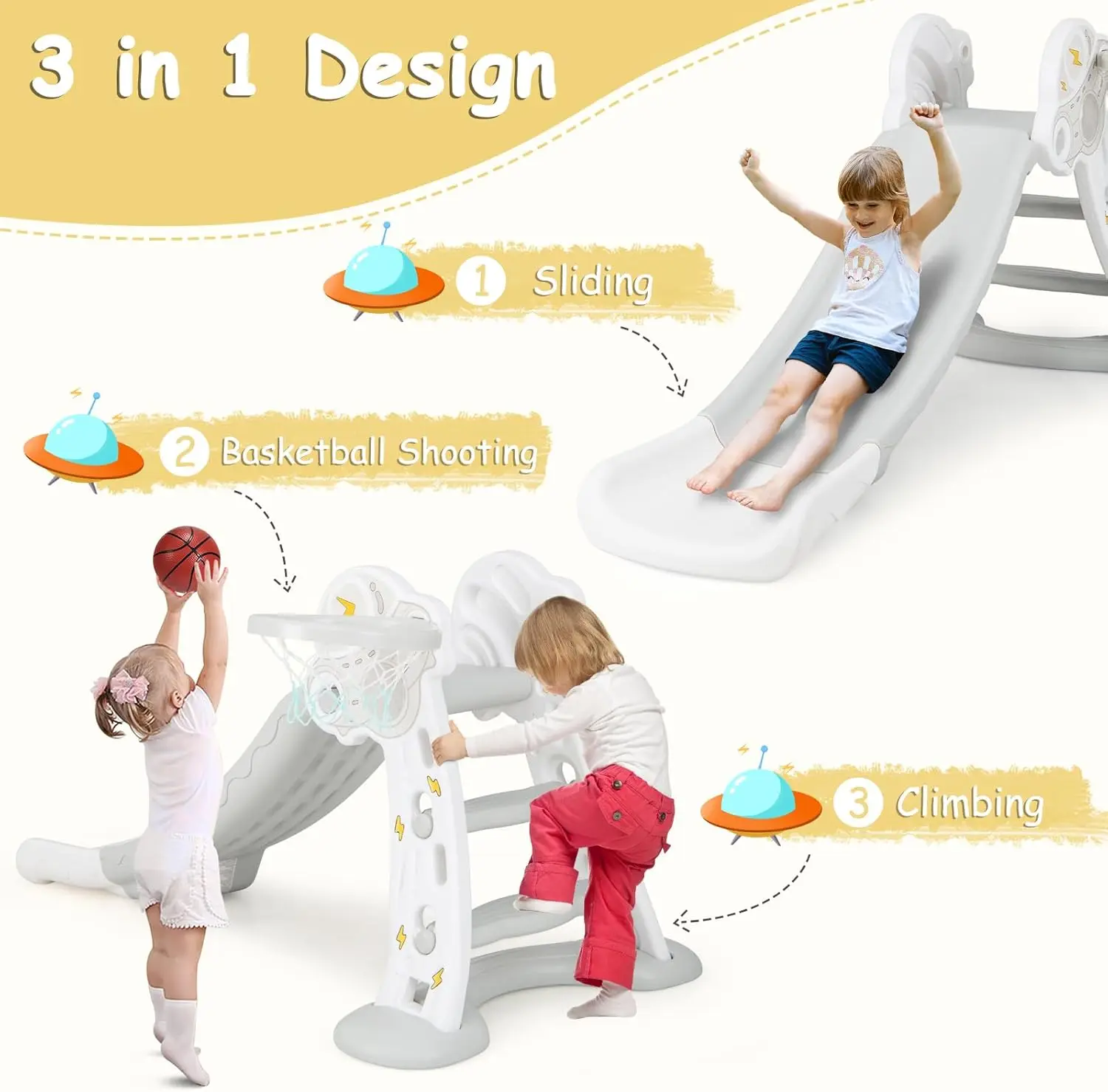 Scivolo per bambini, scivolo per bambini pieghevole 3 in 1, scivolo per interni con canestro da basket, set da gioco indipendente per scalatore esterno, extra lungo