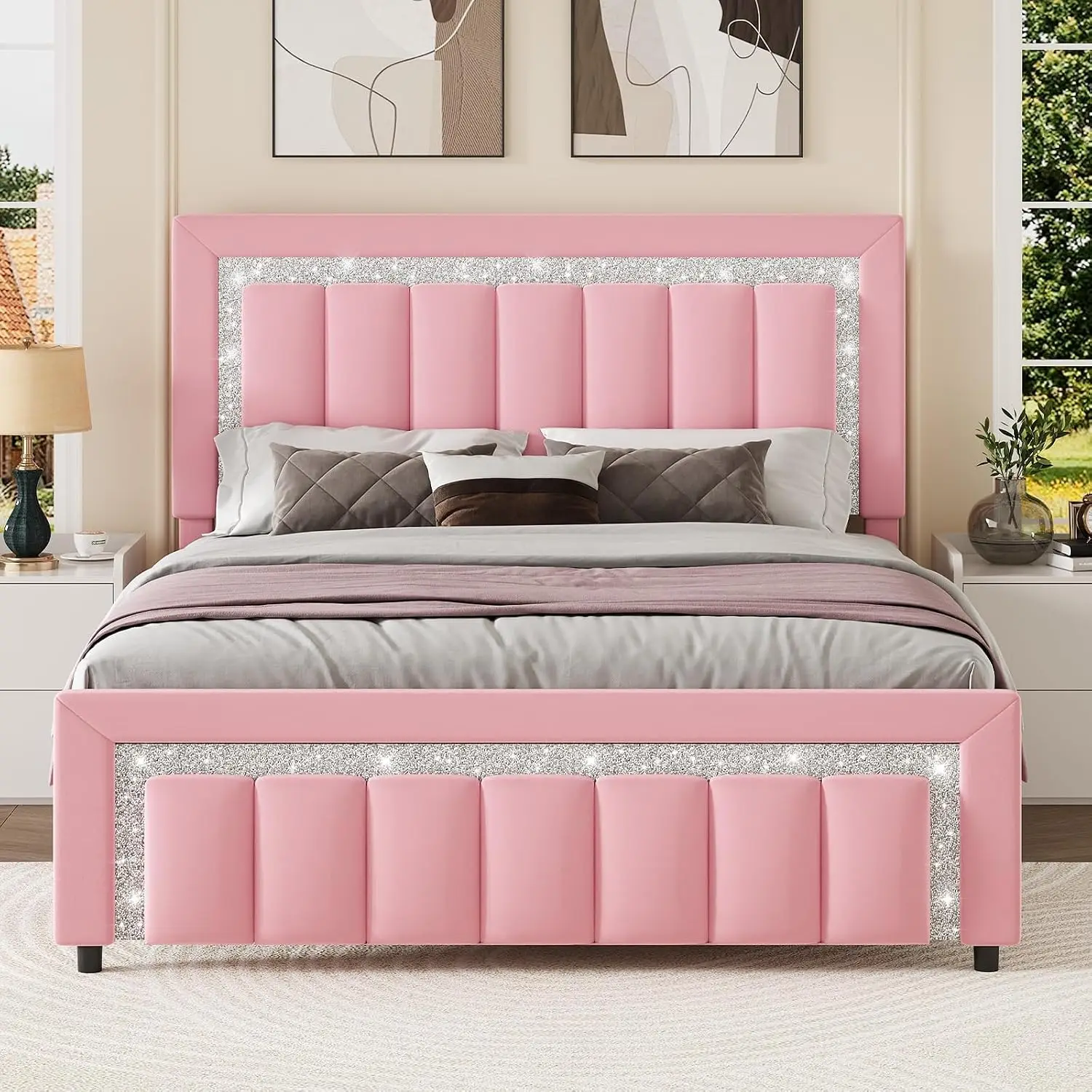 Queen Bed Frame with Velvet Upholstered Headboard, Pink | Diamond Design Headboard and Footboard, Soft Plush, Customized