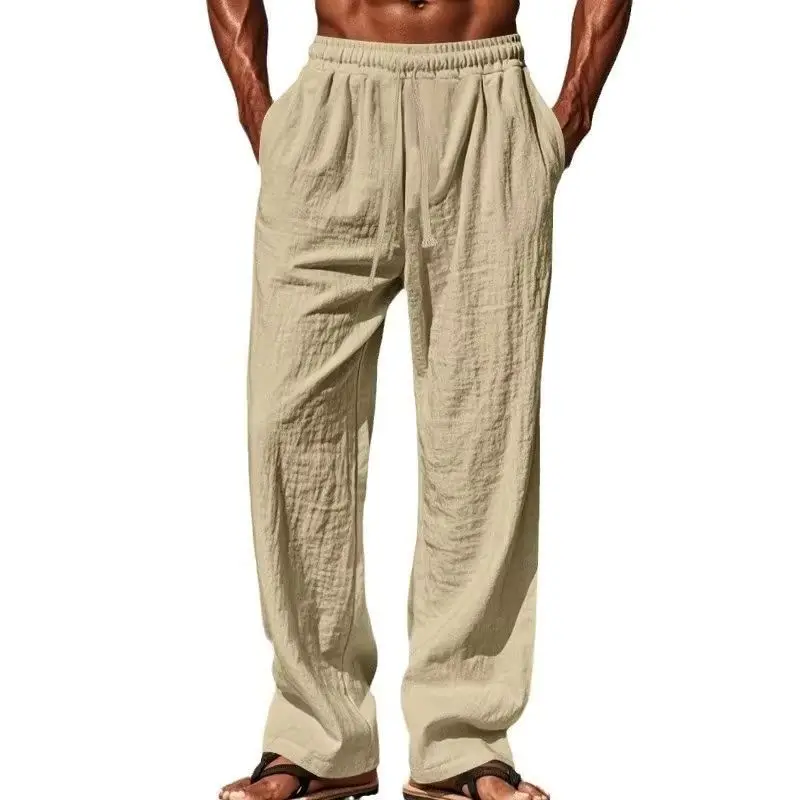 Summer Retro Cotton Linen Loose Harem Pants Elastic Drawstring Waist Casual Pants Basic Versatility Wide-leg Ankle-Length Pants