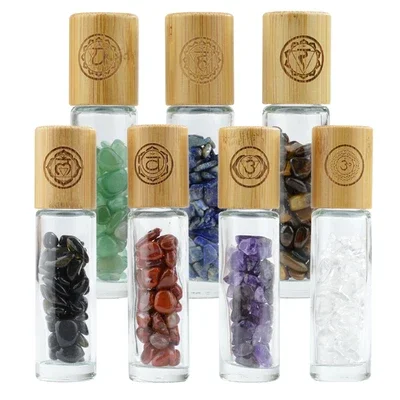 Gemas de cristal de moda, piedra de cristal de cuarzo, doterra, aceite esencial, rodillo de masaje, botellas, rollo en botella de Perfume, tapa de bambú, bola de Jade