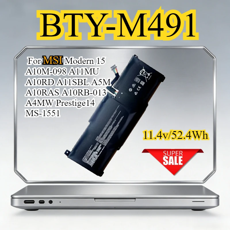 

BTY-M491 3ICP6/71/74 Laptop Battery For MSI Modern 15 A10M-098 A11MU A10RD A11SBL A5M A10RAS A10RB-013 A4MW Prestige14 MS-1551