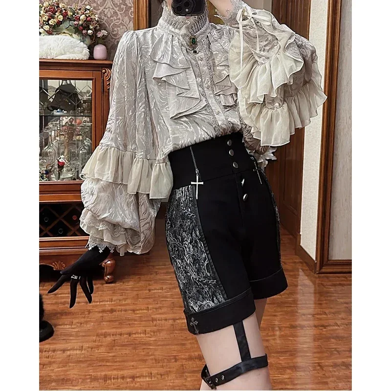 

Gothic Style Silver Shirt Spring and Autumn 2025 Women's Camisas Top New Bat Sleeve Loose Long Sleeve Shirts Lolita dsf23