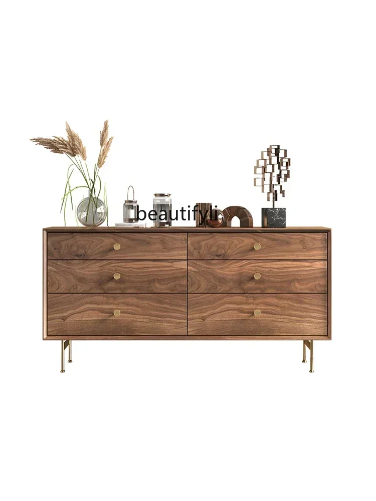 

Nordic Solid Wood Chest of Six Drawers TV Bench for Bedroom Living Room Walnut Retro Storage Chest of Drawer