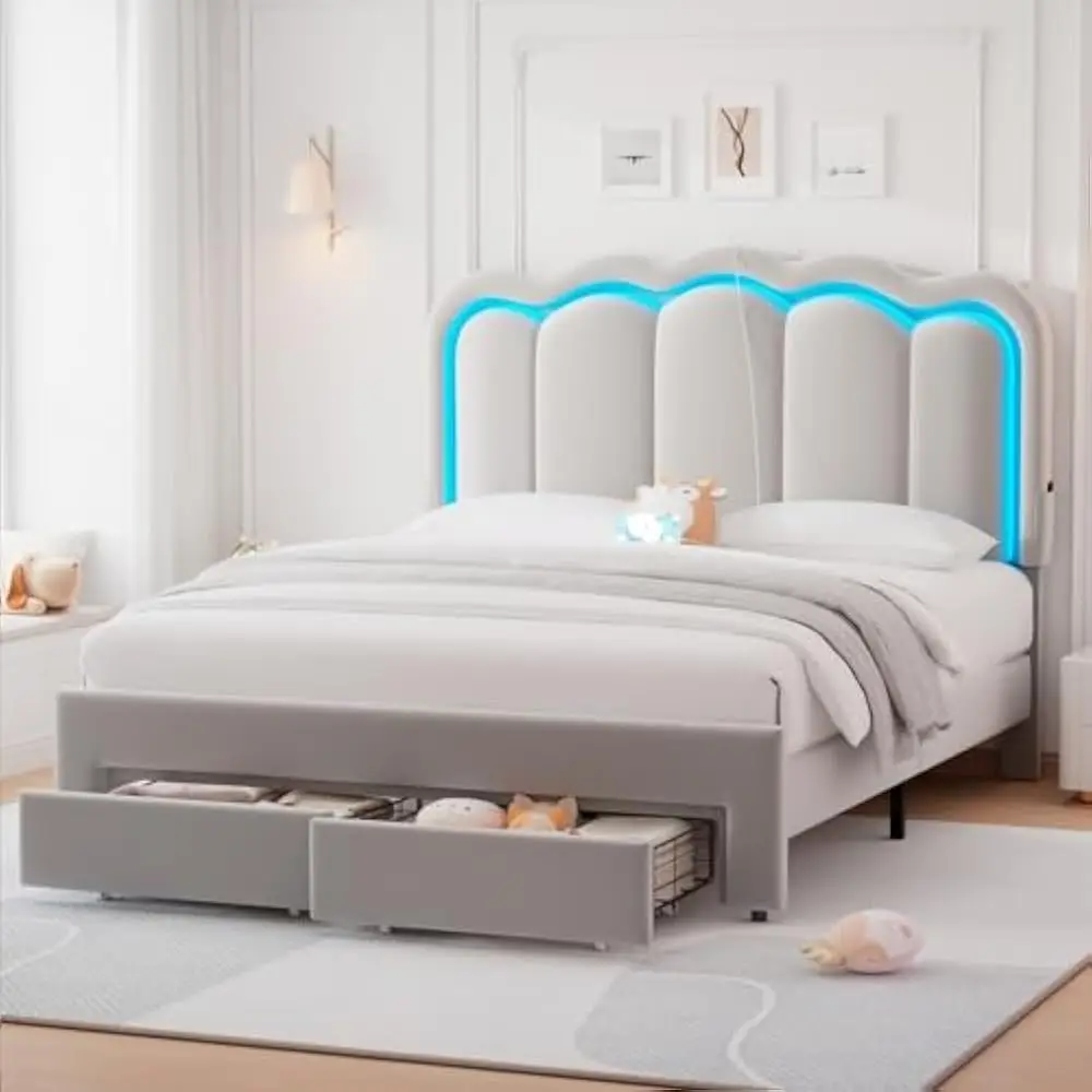 

LED Queen Size Bed Frame with 2 Storage Drawers and Adjustable Headboard, Platform Bed w/Charing Station, No Box Spring Needed