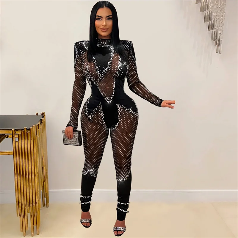 New 2024 Women Long Sleeve Black See Through Mesh Skinny Jumpsuit Rhinestone High Neck Sexy Night Club Party Jumpsuits Rompers