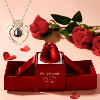 절묘한 장미 선물 상자 포함 러브 프로젝션 목걸이, 100 개 언어, I Love You 펜던트 2023, 로맨틱 쥬얼리 신제품, 드롭쉽 