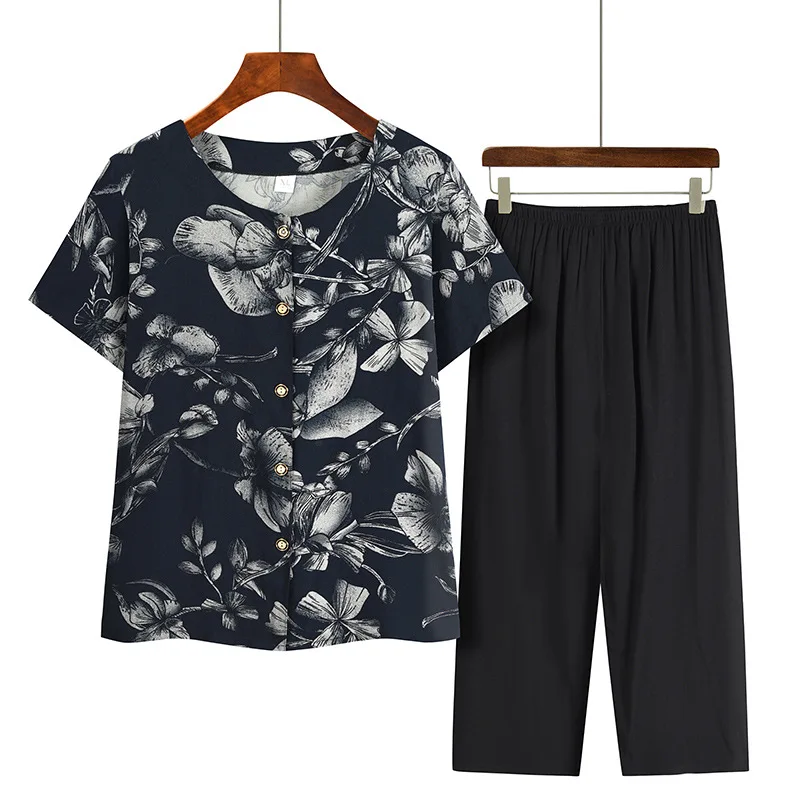 Conjunto de pijamas feminino de duas peças, pijamas de manga curta feminino, terno de mãe de meia idade, cardigã plus size, verão