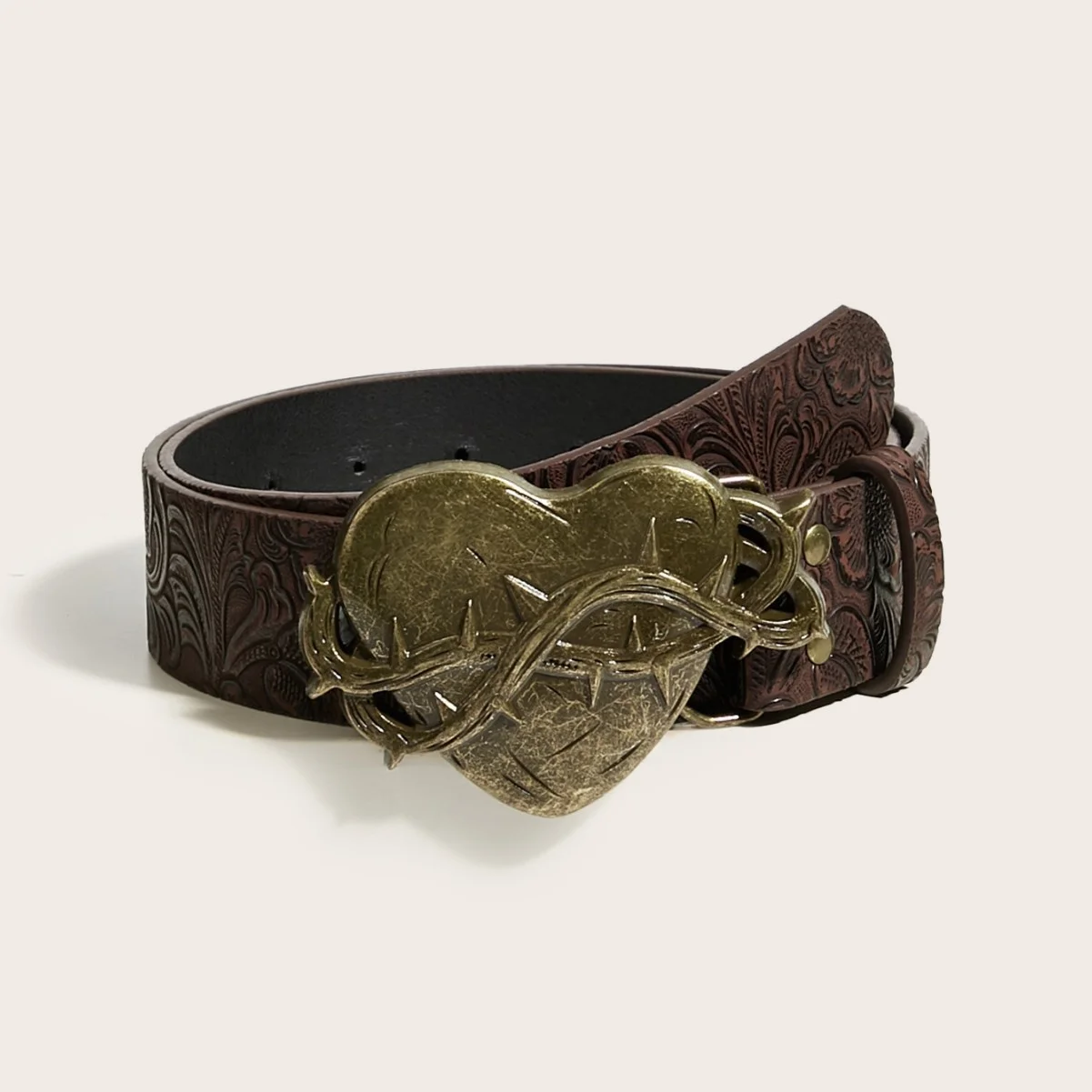 Women Western Heart Thorn Belt Brown PU Leather Embossed Waist Belt With Antique Gold Buckle For Jeans Dress Festiva