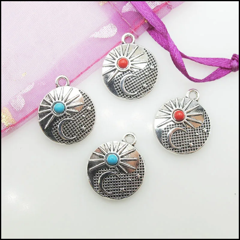 12Pcs Retro Tibetan Silver Plated Moon Sun Star Blue&Red Stone Charms Pendants 18x21mm