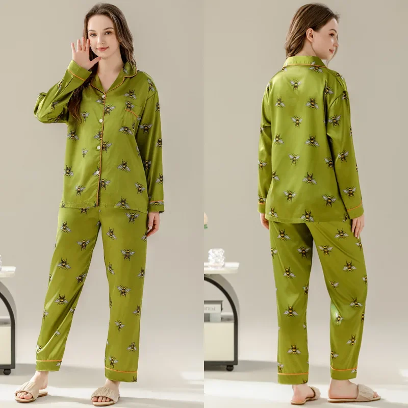 Damen Pyjama Sets Frühling 2 Stück Tier Biene Print Pyjama Faux Seide Satin Nachtwäsche Langarm Pijama Mujer Pyjs Homewear