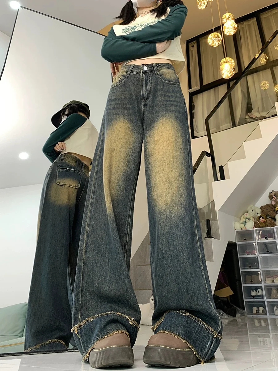 

Выцветшие широкие джинсы в стиле ретро с высокой талией, прямые брюки длиной до пола для женщин, осень-зима, большие размеры, дизайн Sense