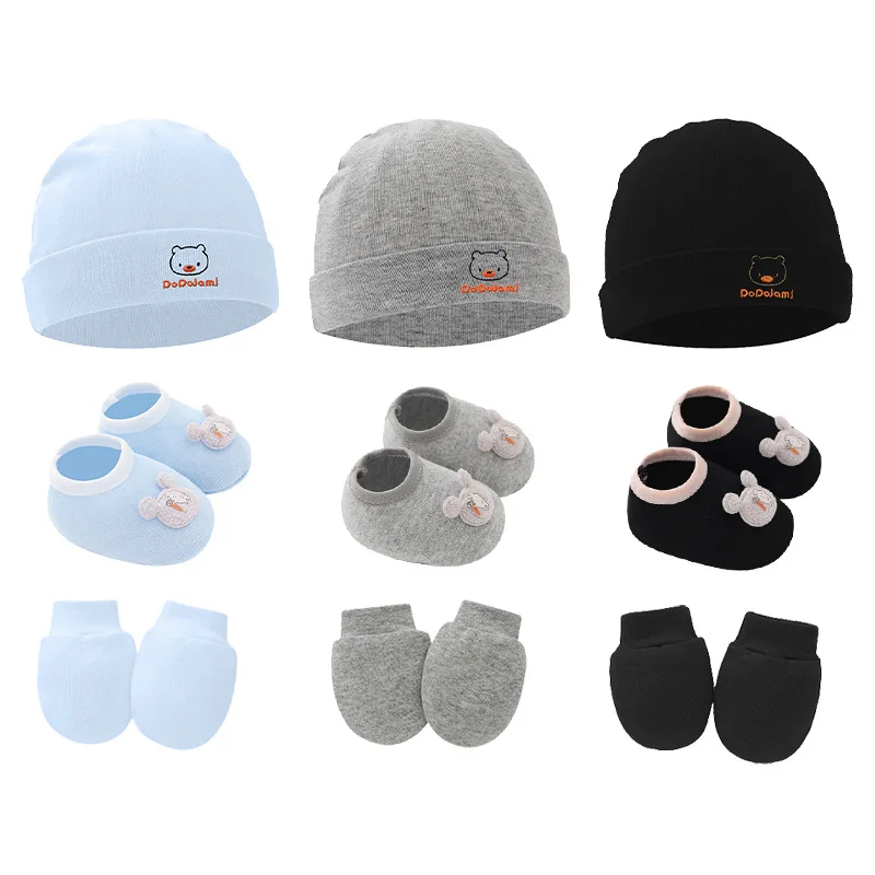 New Newborn Baby Cotton Beanies Hospital Hat Mittens Shoes Sets Solid Stretchy Infant Warm Cap Gloves 0-1 Years Old