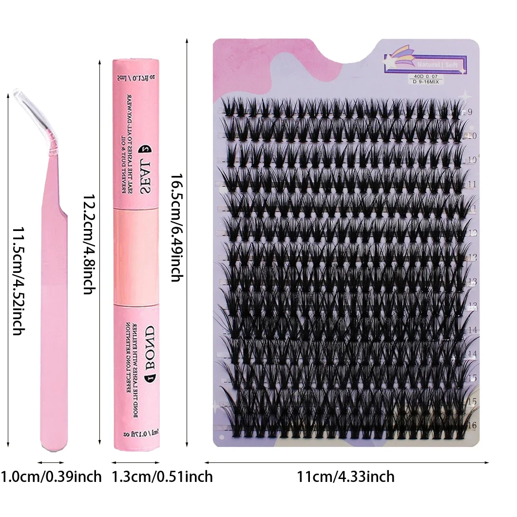 Set di ciglia fai-da-te 280 pezzi di ciglia individuali Cluster D Curl, 8-16mm Mix di grappoli di ciglia con legame di ciglia, strumento per sigillare e ciglia