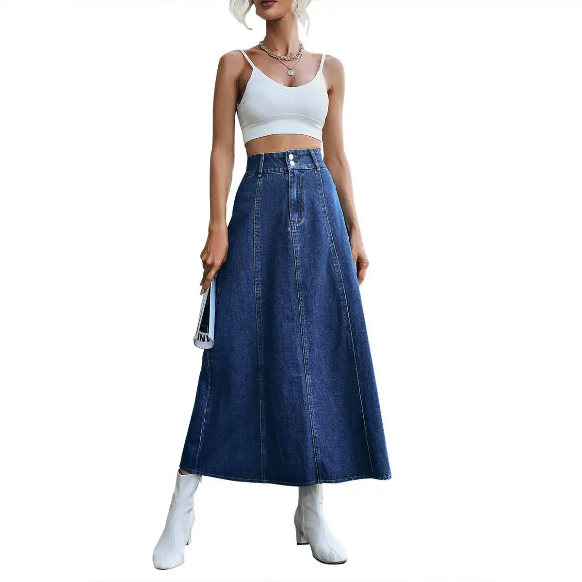 

Классическая джинсовая юбка в стиле ретро с высокой талией, длинная трапециевидная силуэт, корейский хлопок, полиэстер, эластичное волокно