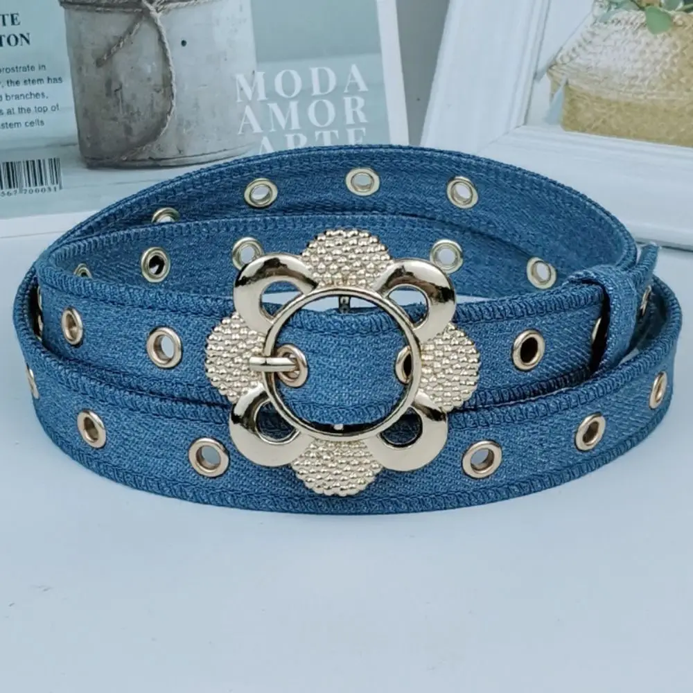 Casual Slim Fit Denim Waist Belt Metal Buckle Hollow Flower Design Fashion Belt Adjustable Waistband Belt Daily Outfit