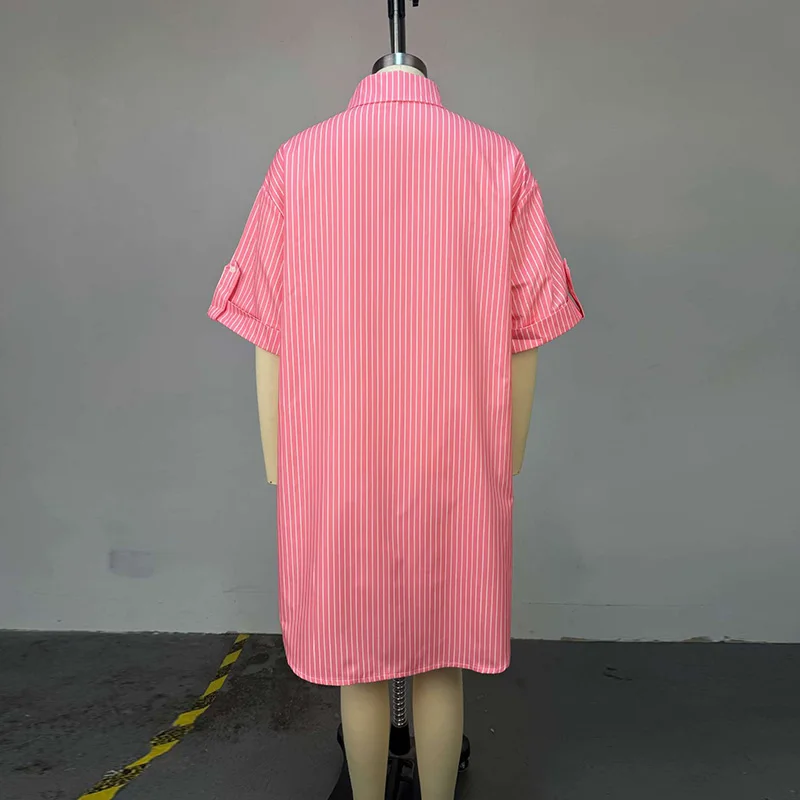 슬레르기리 여성용 스트라이프 반팔 버튼다운 셔츠 탑 봄 여름 한국 패션 사이드 슬릿 여성 캐주얼 롱 블라우스