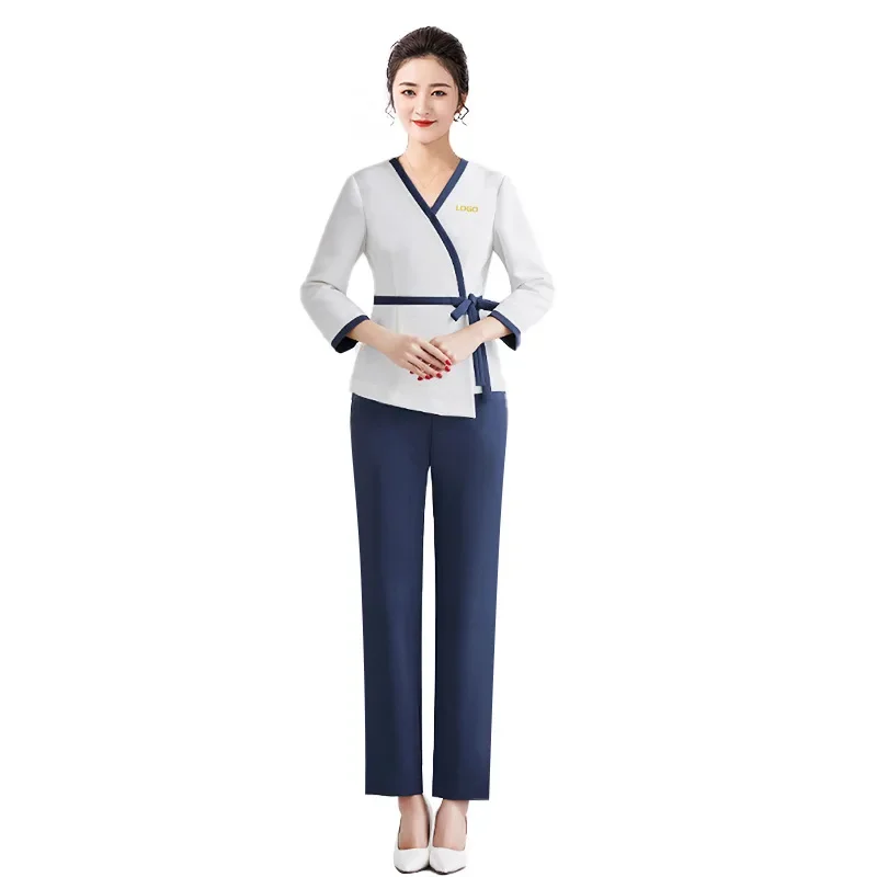 Woman Work Clothes Pants Suit Print Logo Hotel Waiter Beauty Salon Spa Massage Nail Cafe Foot Bath Technician Overalls Uniform