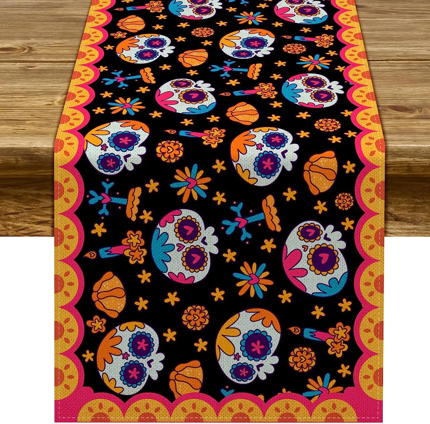 Day of The Dead Linen Table Runner Holiday Decor Sugar Skull Marigold Dia De Los Muertos Table Runner Mexico Kitchen Table Decor