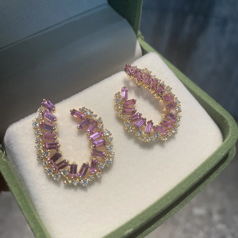 Aazuo Natural Sapphires Jewelry 18K Yellow Gold Real Diamond OL Style Big U Shpae Stud Earring Gifted For Women Engagement Party